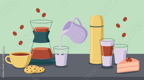 Morning Coffee and Milk Spread with Cookies, Cake, and Pour-Over Setup