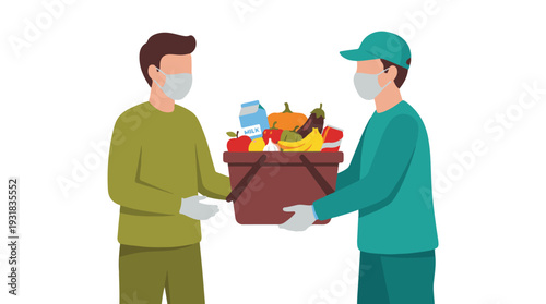 Contactless grocery delivery service with masked courier and customer