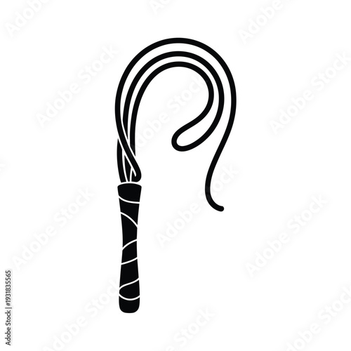 A black and white illustration of a coiled whip with a patterned handle