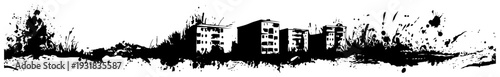 Modern city skyline panorama in artistic grunge ink splatter vector style