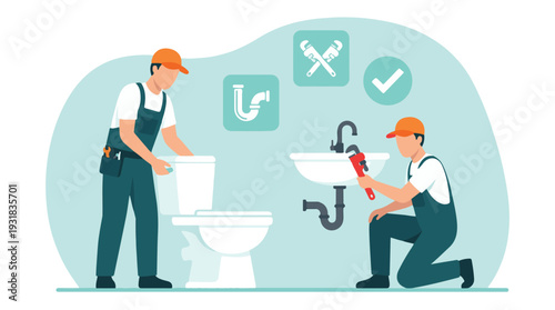 Professional plumbers installing and repairing toilet and sink plumbing