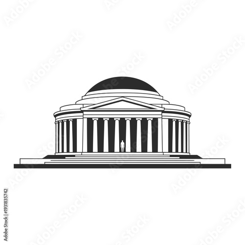 Striking black and white illustration of a classical building with columns