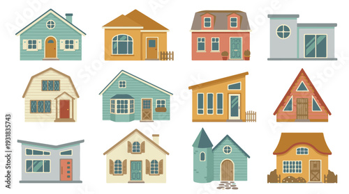 Collection of various house illustrations in flat design style