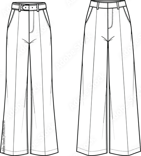 Women High Waist Wide Leg Trousers with Belt Front and Back View Fashion Technical Line Art Illustration