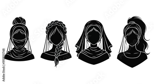 Four distinct female head silhouettes showcase varied hairstyles including braids buns and flowing locks a striking silhouette high quality professional detailed