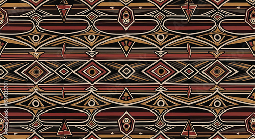 A stunning Yakan weaving pattern originating from the Philippines, a mix of red, black, gold, and white hues, creating a visually striking ethnic textile. The pattern is