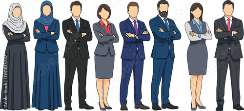 Diverse business team vector illustration, confident professional men and women in formal suits standing together corporate leadership concept