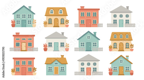 Diverse collection of charming residential vector houses in flat cartoon style