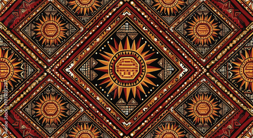 A stunning Yakan weaving pattern from the Philippines, featuring intricate sun motifs on a rich, colorful background. The traditional textile design exudes cultural significance and vibrant aesthetic