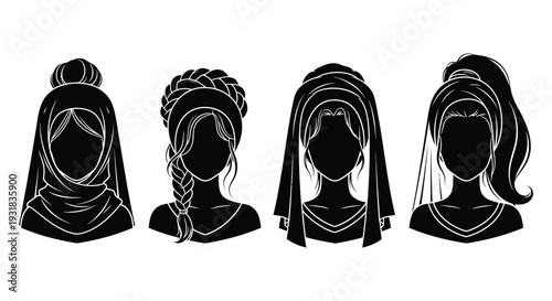 Four distinct black silhouettes showcase varied hairstyles including buns braids and flowing locks a feminine silhouette high quality professional detailed