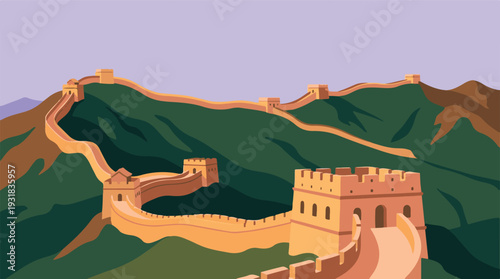 Great Wall of China winding across green hills with ancient watchtowers