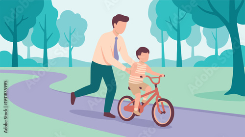 Father teaching young son to ride a bicycle in a park