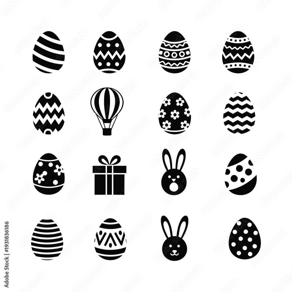 Fototapeta premium Easterthemed icons featuring eggs bunnies gift box.