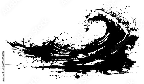 Dynamic crashing ocean wave silhouette with black ink splashes and artistic textures
