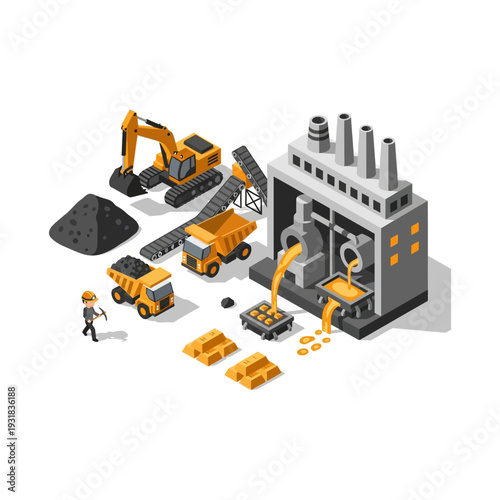 Isometric Gold Mining and Smelting Process with Heavy Machinery and Factory.