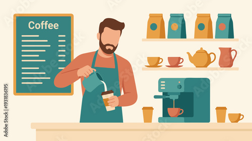 Barista Preparing Coffee in Cafe with Menu and Coffee Equipment