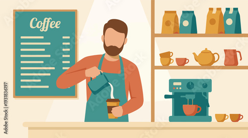Barista preparing fresh coffee in a modern minimalist coffee shop illustration