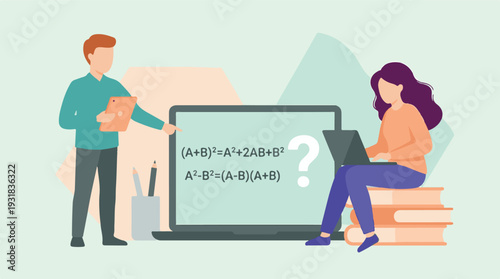 Online Math Lesson: Teacher and Student Solving Equations on Laptop