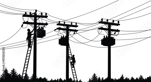 Electric utility workers repairing power lines silhouette, linemen on transmission poles vector illustration isolated on white background electricity maintenance concept