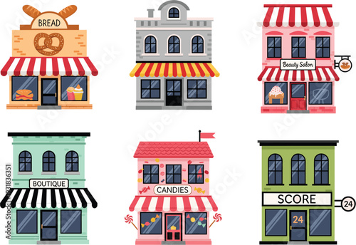 Colorful Small Shop and Storefront Collection with Bakery Boutique Candy Store Salon and Retail Buildings Vector Illustration