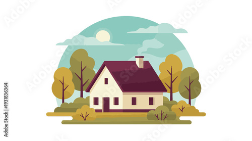 Minimalist flat design illustration of a cozy house in a peaceful landscape