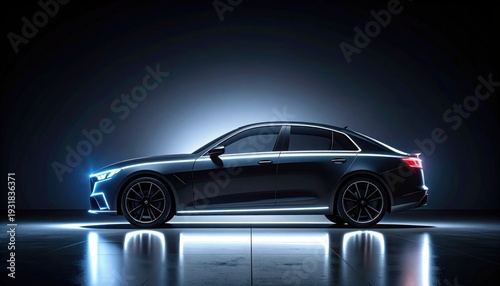 Sleek dark luxury sedan features illuminated glowing blue outlines while parked on reflective showroom floor in dark studio