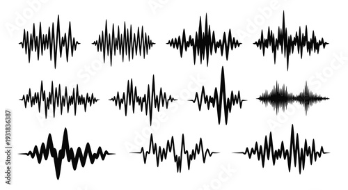 A collection of abstract sound wave forms presented in black creating a visually rhythmic pattern silhouette high quality professional detailed