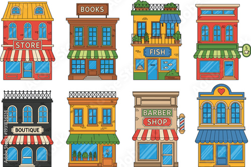 Colorful Small Business Storefront Collection with Bookstore Fish Market Barber Shop Boutique and Retail Buildings Vector Illustration
