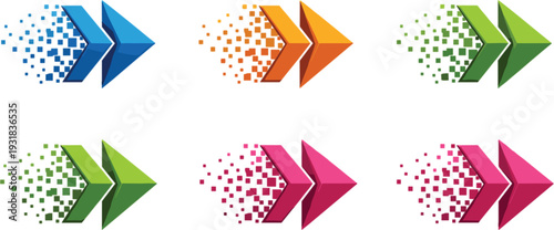 Colorful Fast Forward Arrow Icons with Pixelated Digital Speed Effect for Technology, Data Transfer, and Modern Web Design