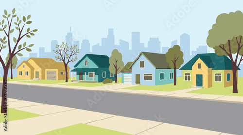 Colorful suburban houses on a residential street with a distant city skyline