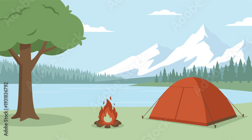 Tranquil vector illustration of a camping scene by a lake with mountains