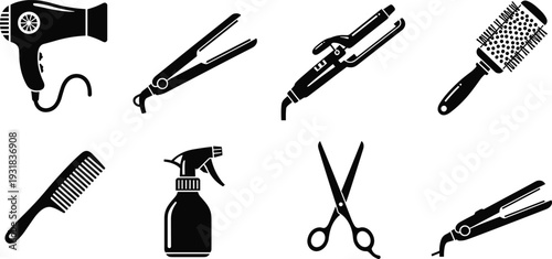 Hair styling tools silhouettes set, hairdryer curling iron straightener comb scissors vector illustration isolated on white background salon equipment bundle