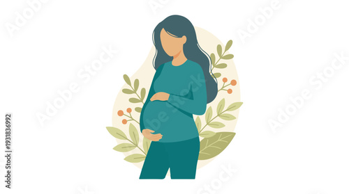 Expectant mother embracing pregnancy, surrounded by gentle plant elements