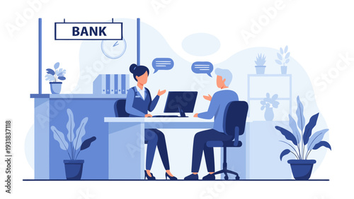 Vector Illustration of Man and Woman Engaging in Friendly Conversation at Bank Desk with Blue Chairs and Computer Monitor Surrounded by Green Plants