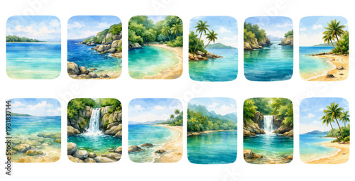 A charming watercolor collection of tropical coast scenes, including sandy beaches and cliffs.