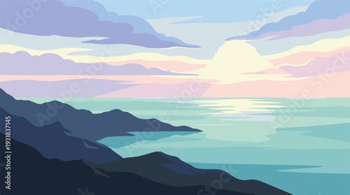 Minimalist vector landscape of mountains, ocean, and pastel sky at sunrise