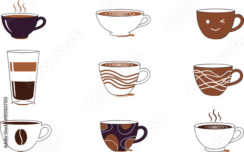 Coffee cup illustration set featuring espresso, latte, cappuccino and hot drinks in different mugs, flat vector collection isolated on white background