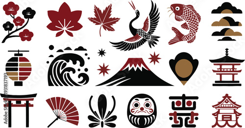 Collection of traditional Japanese cultural icons including fans, torii gates, and lanterns, in a flat design style