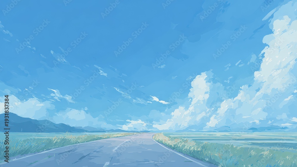 Naklejka premium 青空と雲が広がる一本道 風景イラスト背景