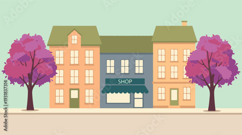 Flat design illustration of a vibrant street with a shop and residential buildings