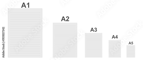 blank white lined paper size a1 a2 a3 a4 a5 vector illustration isolated on white background.