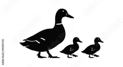 A striking black silhouette depicts a mother duck leading two ducklings showcasing a minimalistic animal scene silhouette high quality professional detailed
