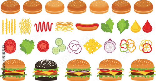 Burger ingredients and hamburger assembly illustration set, buns, patties, vegetables and sauces, flat vector fast food elements isolated on white