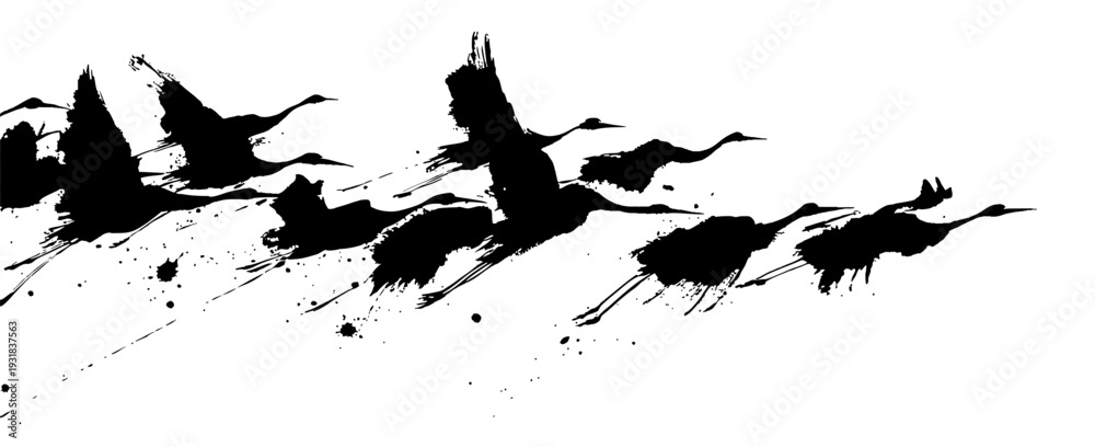 Obraz premium Abstract crane birds in dynamic oriental ink brush strokes with expressive splatter on white background