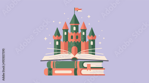 Whimsical Castle Built on Stack of Books, Concept of Reading and Imagination