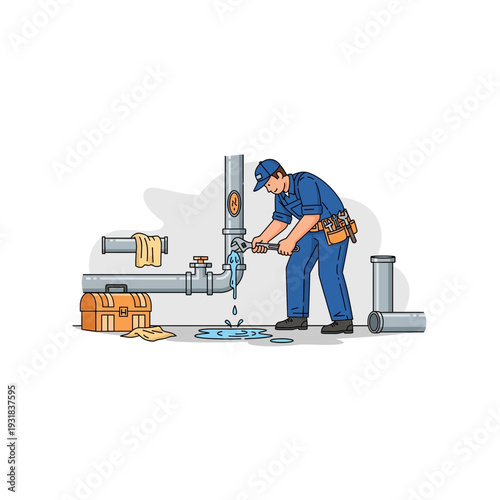 A man in a blue uniform is working on a metal pipe