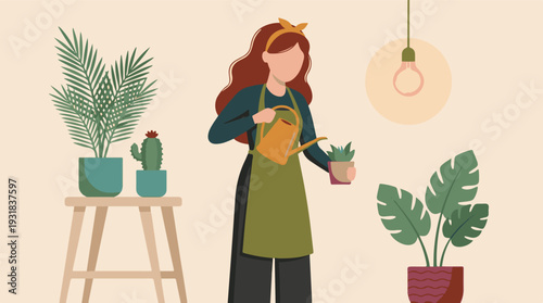 Woman watering houseplants, a vibrant illustration of home gardening hobby