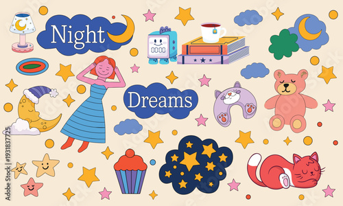 A cartoon illustration of serene nighttime dreams, featuring a woman, sleeping cat, moon, stars, and cozy bedtime items, in soft, warm light.
