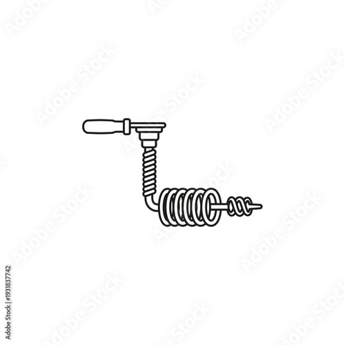 A black and white drawing of a coiled screw with a handle