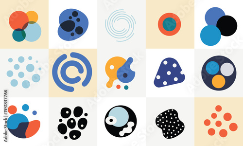 Modern abstract geometric and organic shapes dynamically arranged in a clean grid, illustrating concepts with bright, even lighting, conveying creativity.